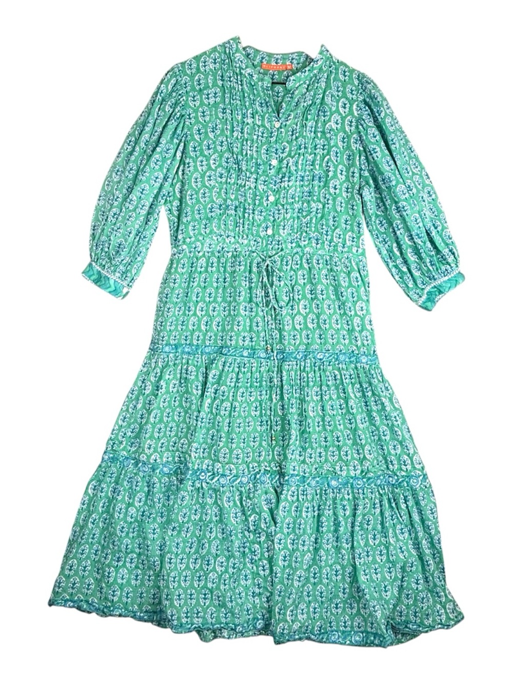 Oliphant Tuckernuck Dress Women Medium Green Blue Floral Pintuck 3/4 Sleeve Midi